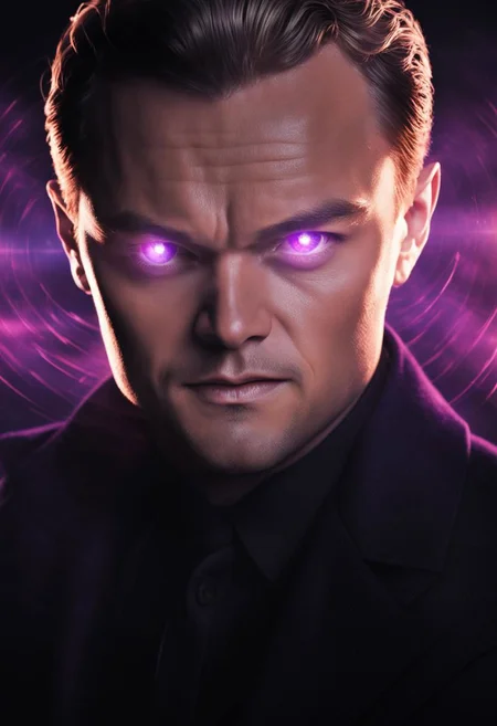 (masterpiece),
laser eyes portrait of Leonardo di Caprio, blonde hair, intense laser eyes, bright eyes, big eyes,
fight pose, looking smug, intense purple glowing eyes, lens flares for eyes,
black background,