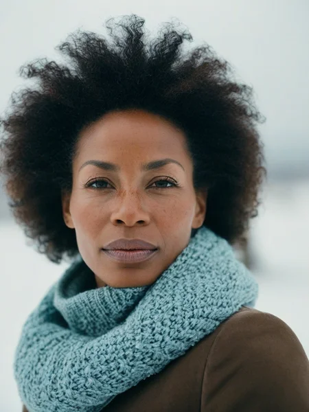 a 45yr old Afro-Caribbean women, (winter day|polar ice cap) background, RAW photo, editorial photograph, film stock photograph, cinematic, (regretful), Intricate, Freckles, soft focus. 8k, highly detailed, detailed skin texture, natural skin texture, detailed cloth texture, perfect eyes, detailed eyes, (high quality, best quality:1.3), Extremely high-resolution, amateur photo, Fujifilm Superia Premium 400, Nikon D850 film stock photograph Kodak Portra 400 camera f1.6 lens, 8k, UHD