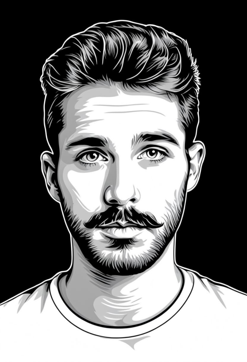 psztzz, 1boy, male focus, facial hair, solo, beard, looking at viewer, portrait, mustache, shirt, monochrome, portrait, vector art, flat coloring, cel shaded, cel shading, illustration, vector illustration, vector coloring