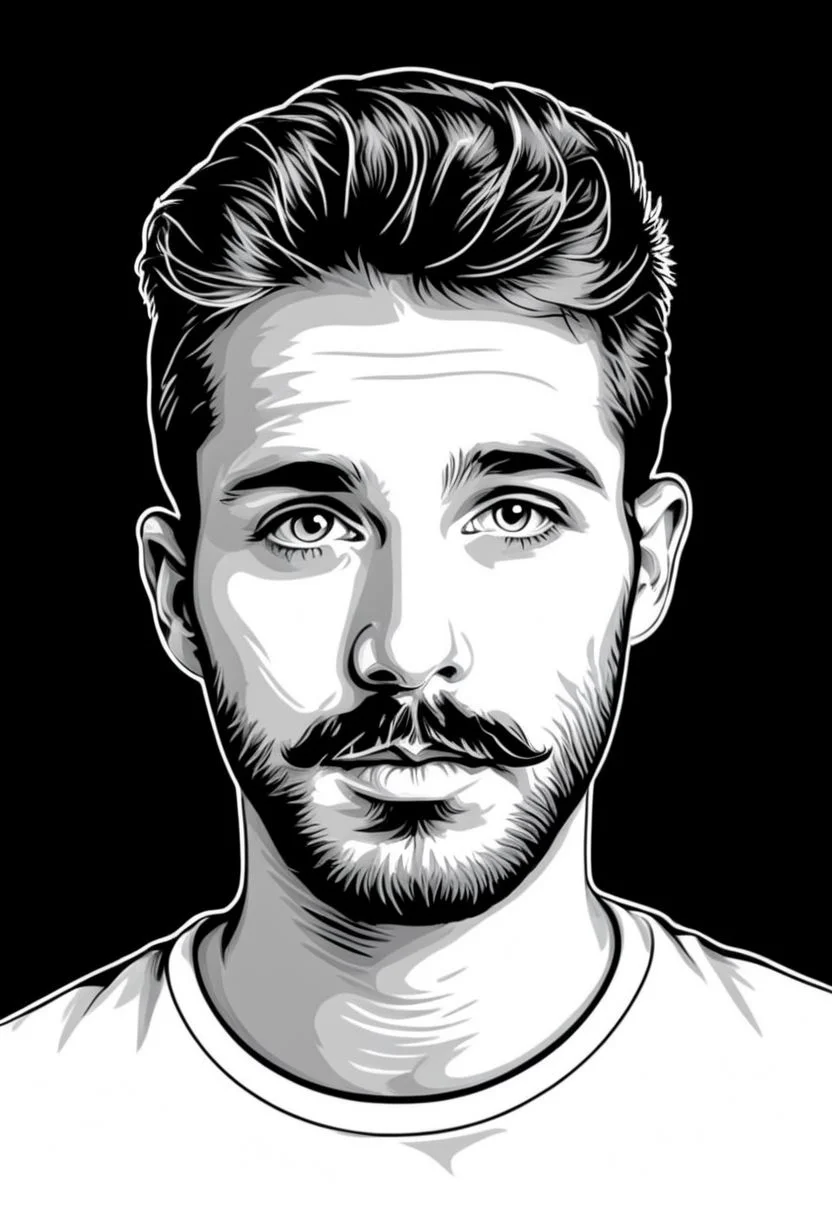 psztzz, 1boy, male focus, facial hair, solo, beard, looking at viewer, portrait, mustache, shirt, monochrome, portrait, vector art, flat coloring, cel shaded, cel shading, illustration, vector illustration, vector coloring