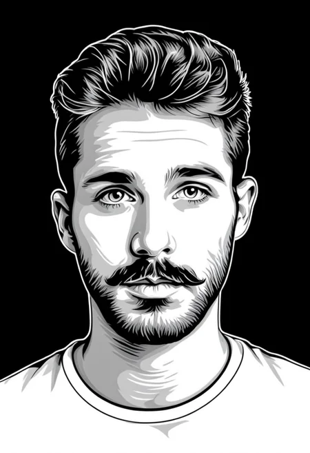 psztzz, 1boy, male focus, facial hair, solo, beard, looking at viewer, portrait, mustache, shirt, monochrome, portrait, vector art, flat coloring, cel shaded, cel shading, illustration, vector illustration, vector coloring