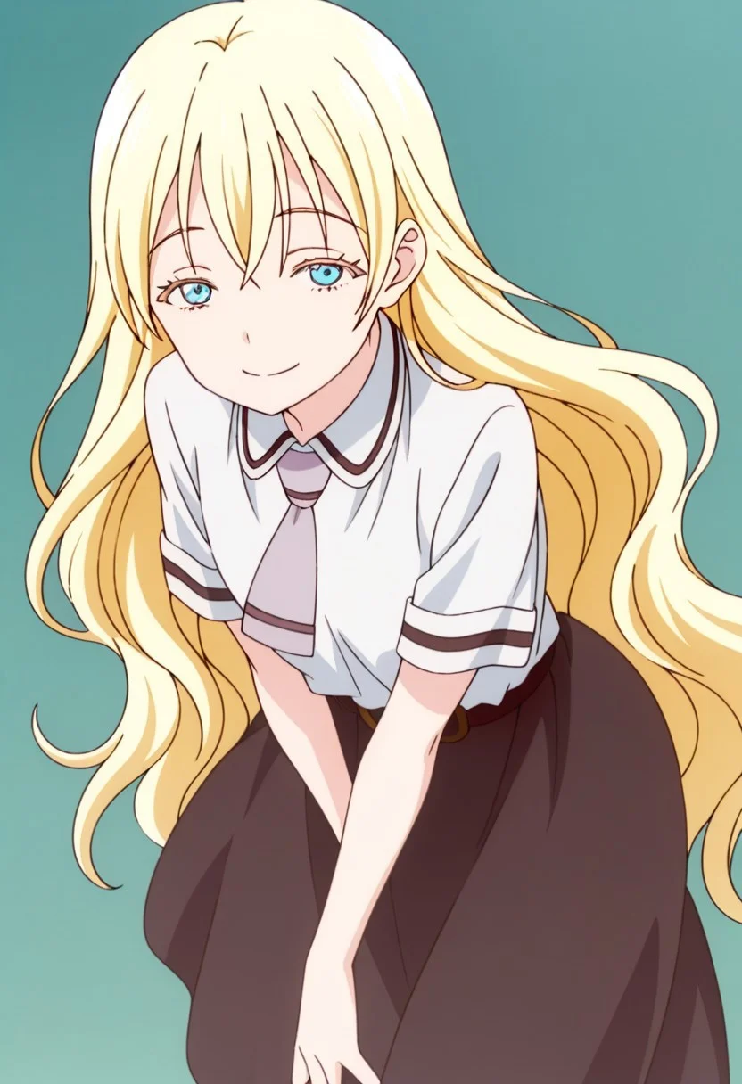 best quality, masterpiece, anime screencap, anime coloring, ultra detailed, source_anime, intricate details, perfect anatomy, looking at viewer,
olivia, long hair, blonde hair, very long hair, bangs, blue eyes, smile, shiny smile,
simple background, full body, shirt, white socks, short sleeves, white shirt, black skirt, school uniform, closed mouth, looking at viewer, necktie, belt, collared shirt,