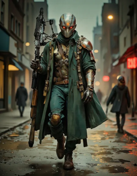 SentinelBot. This is a digital illustration depicting a futuristic, sci-fi character walking down a wet, urban street. The character, a humanoid cyborg, is dressed in a dark green, heavy-duty, long coat with multiple layers of armor and straps, giving it a bulky, rugged appearance. The coat is worn open, revealing a dark green bodysuit underneath. The character's head is covered by a helmet with a visor that conceals their face, featuring glowing red eyes and a metallic, angular design. The helmet has a small, glowing red orb on the forehead, adding a futuristic touch. The cyborg's hands are gloved in dark brown leather, and they carry a large, futuristic weapon in their right hand, which is extended forward. The character's boots are also brown and appear sturdy, with a high ankle design. The background shows a blurred cityscape with tall buildings and streetlights, some of which are illuminated with red and yellow lights, creating a moody, neon-lit atmosphere. The wet street reflects the lights, adding a glossy, wet texture to the scene. The overall color palette is dominated by dark greens and browns, with splashes of red and yellow light, contributing to the dystopian, cyberpunk aesthetic. <lora:The_Vanguard:1.1> <lora:Synesthesia:0.4> <lora:Fluxartis_Photography:0.75>