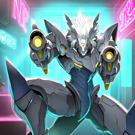 highres, best quality, masterpiece, very aesthetic, newest, year_2024, year_2023, year_2022,<lora:DorugoramonIllustrious:1>, dorugoramon,solo, 1boy,pointing gun at viewer,male focus,white hair,yellow eyes,armor,grin,smug,indoors,neon lights,cyberpunk,bar,shaded face