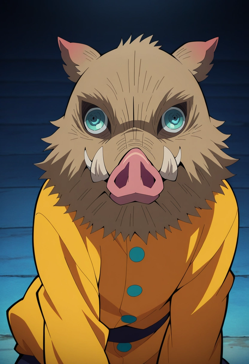 masterpiece, best quality, , anime screencap, anime coloring, official style, , 1boy, solo, male focus, <lora:inosuke_hashibira_ilxl:0.9>, inosuke_hashibira, , boar mask, , jester costume