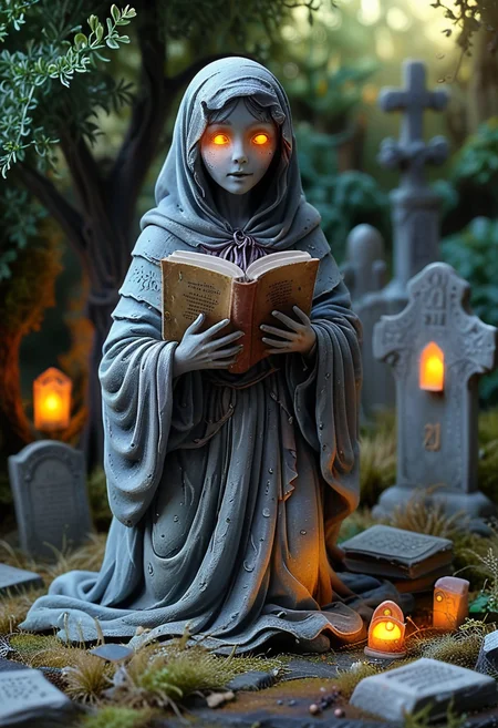 (medium full shot) of (haunting ghost) ethereal figure, transparent fading body, fading hands, faintly glowing yellow eyes, faintly glowing skin, cloaked in shadows, shimmering faintly with a cold aura, sorrowful, glowing amulet, carrying a book, set in an ancient graveyard, with weathered tombstones, overgrown grass, a solemn atmosphere, at night, Masterpiece,best quality, very aesthetic