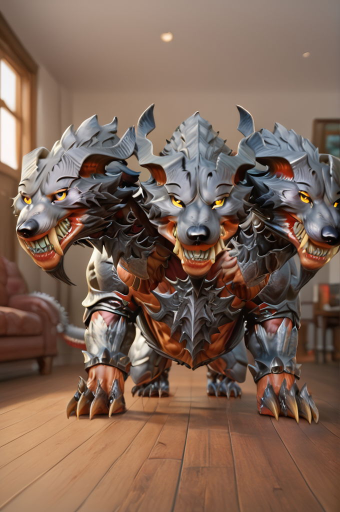 source_furry, score_9, score_8_up, score_7_up, (cerberus_xv, monster, chibi, cute, feral), orange skin, detailed skin, armored, (((((three heads))))), yellow eyes, detailed eyes, sharp teeth, claws, tail, <lora:FF_CerberusPony10:0.9>, indoors, living room, all fours, closed mouth, smile, happy, zPDXL2, zPDXLpg, zPDXLrl, shaded, best quality, highly detailed, extreme detail, photorealistic