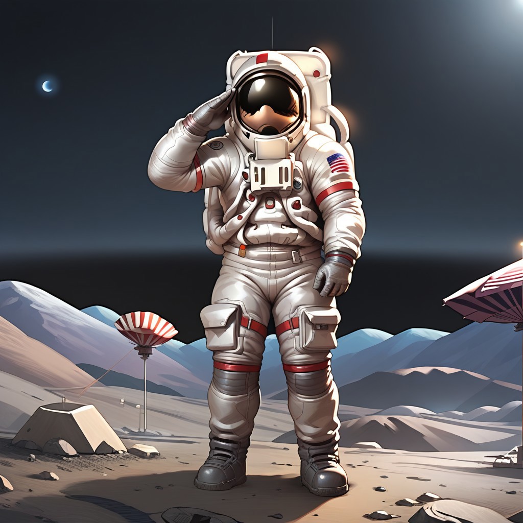 score_8, score_8_up, score_7_up, score_6_up, source anime, 2d, surface_of_luna, grey ground, black sky, crater, earth (planet), hill, 1boy, apollo_astronaut, space helmet, astronaut, spacesuit, salute, american flag