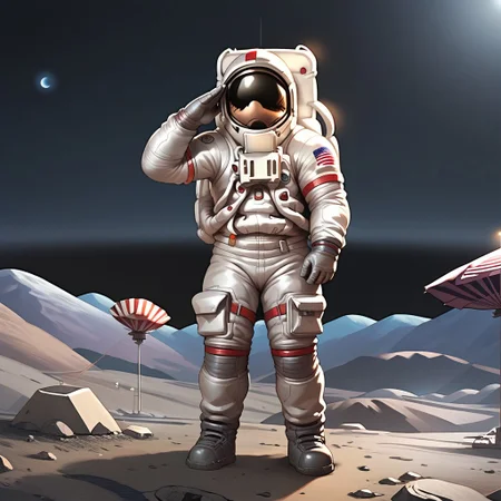 score_8, score_8_up, score_7_up, score_6_up, source anime, 2d, surface_of_luna, grey ground, black sky, crater, earth (planet), hill, 1boy, apollo_astronaut, space helmet, astronaut, spacesuit, salute, american flag