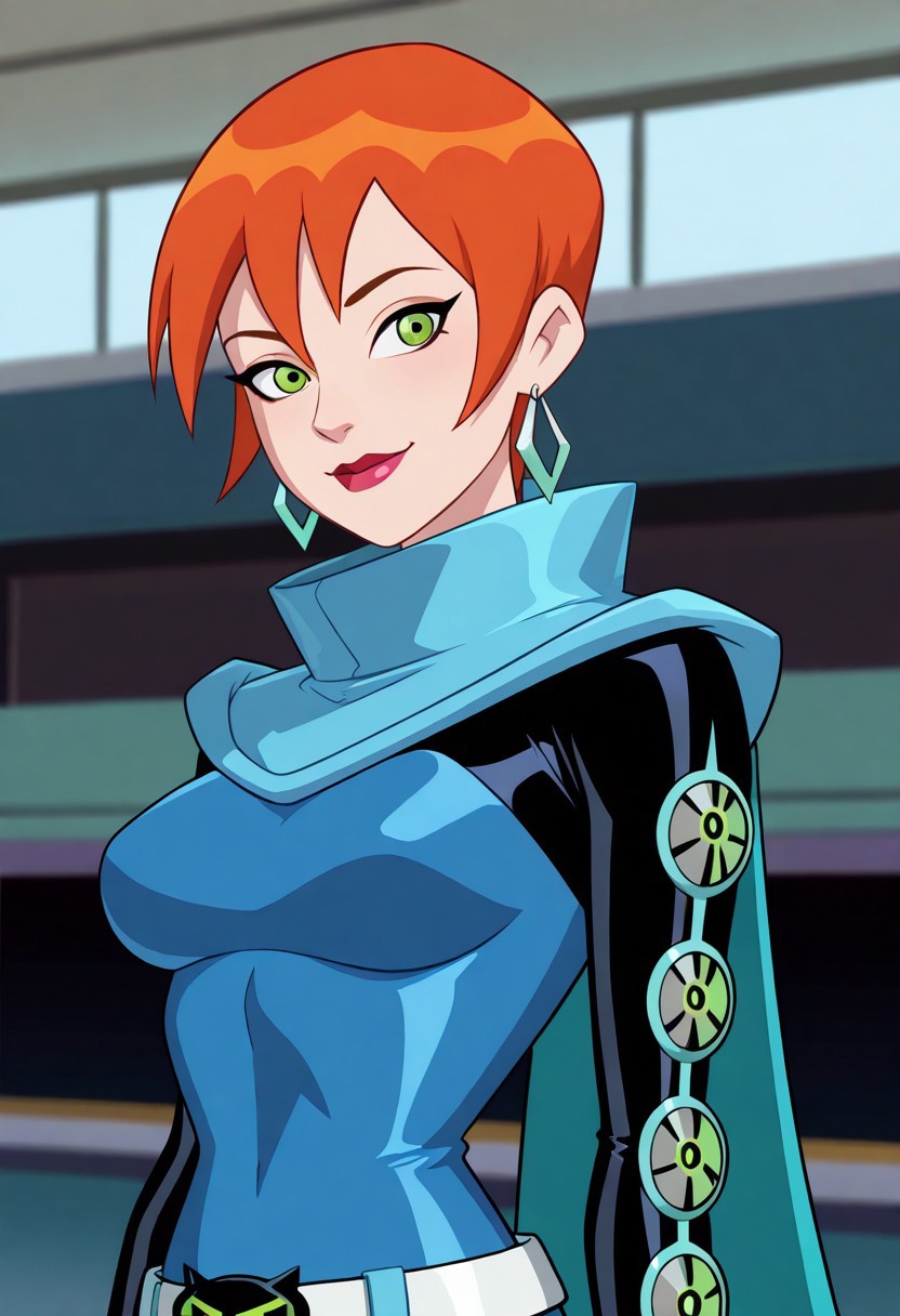 cinematic, intricately detailed illustration, depth of field, masterpiece, best quality, amazing quality, very aesthetic, absurdres, newest,Future_gwen,1girl,solo,orange hair,short hair,green eyes,lipstick,jewelry,medium breast,adult female,cape,blue bodysuit,belt,upper body,smile