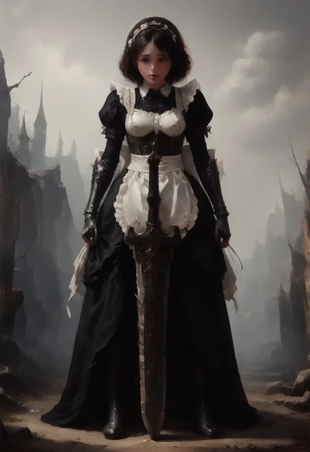 (zPDXL2), 1girl, (a cute maid grabbing a handle with her left hand:1.4), full body, (((giant sword))), wearing light armor, wearing maid outfit, short-stack, short, (waste land background, in the distance many broken weapons scattered about, battlefield, detailed background, detailed scenery),
BREAK expressiveh