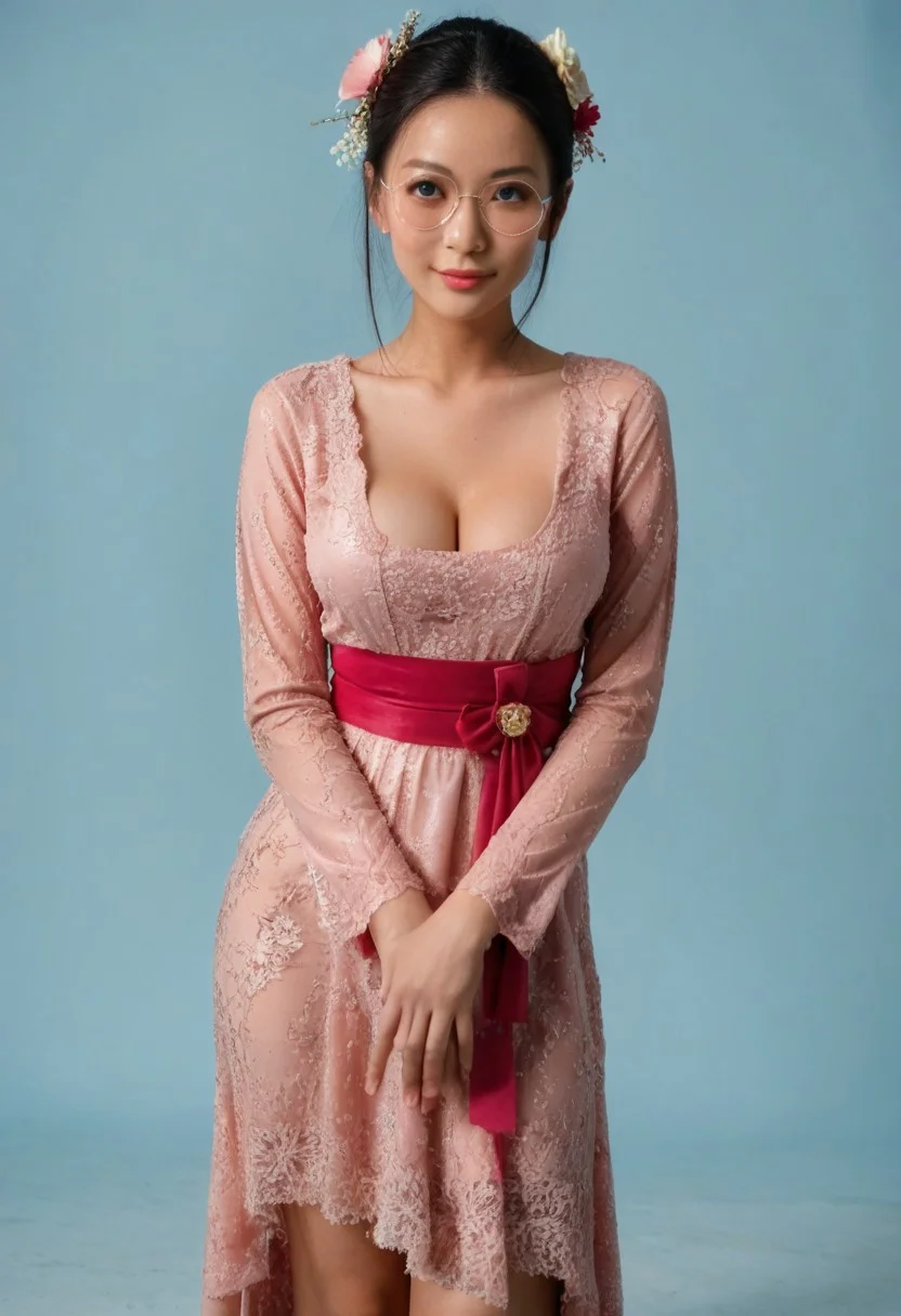 score_9, masterpiece, 4k, HD, dramatic shadows, highly detailed, detailed skin, focused on photo subject, sharp focus, close up,
a waist up photo of (1girl, (solo:1), human, 21 years old, Japanese, Asian, supermodel, beautiful face, (black hair:1.1), (blue eyes:1.1), bun hairstyle, white pale skin, narrow shoulder, voluptuous breasts, 40GG cup breasts, perky breasts, alluring neckline, deep cleavage, soft body, sexy body, wide hips, narrow waist, thick thighs, defined thigh gap, curvaceous big round butt),
((on a simple light blue background)),
cute pose, front view, hands on head, head tilt, leaning forward, displaying cleavage, standing,
happy facial expression, happy smile, blushing, glossy lips, (pink lips:1.1), mouth closed, natural make up,
round glasses, (tight long kebaya dress, red and pink dress color composition:1.5, very low neck cut, long sleeve, very thin material, vulgar kebaya design, sash, flower hair ornament),
Kebaya,