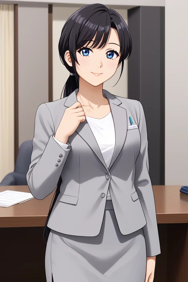ameku mazuru, 1girl, solo, long hair, looking at viewer, smile, bangs, blue eyes, skirt,hotel lobby, shirt, black hair, long sleeves, jewelry, closed mouth, standing, jacket, cowboy shot, white shirt, low ponytail, miniskirt, formal, suit, grey skirt, pencil skirt, grey jacket, office lady, skirt suit, large breast, collarbone, <lora:HandFixer_pdxl_Incrs_v1:1> make up, <lora:Ameku_Mazuru_ATSK_Pony:1> young-adult, bare thigh, anime coloring, long hair, big eyes, kishida mel,