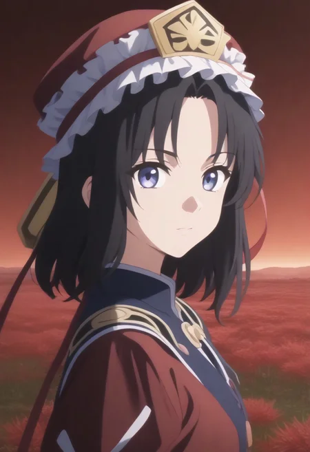 1girl, solo, solo focus, highres, absurdres, shikieiki, 
looking at viewer, head tilt, from side, 
red spider lily, flower field, night sky, red sky, dark, red theme,