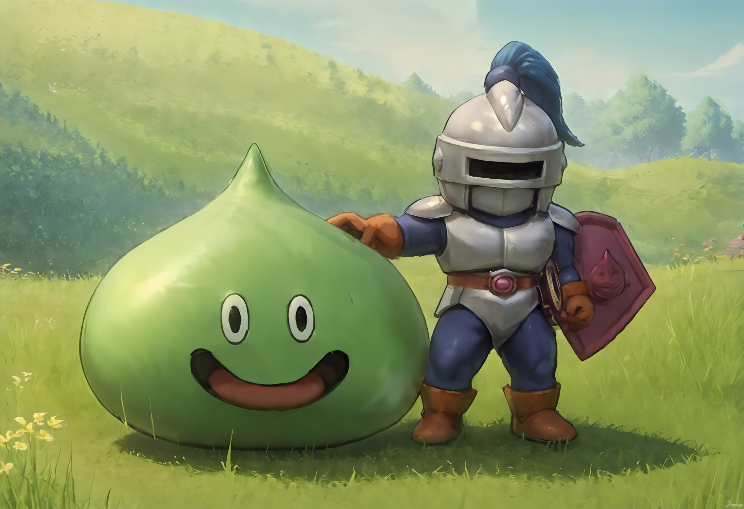 score_9,score_8_up,score_7_up,best quality,masterpiece,super detailed,extreme detailed,full_body,zPDXL BREAK nature,field,
<lora:Pony_DetailV2.0:1>,slime knight,slime_(dragon_quest),armor,helmet,knight,<lora:slime knight-v2:0.8>,