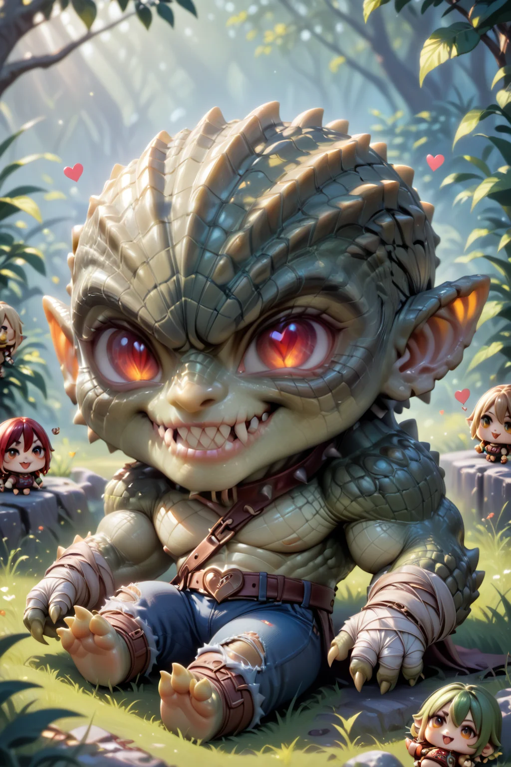 score_9, score_8_up, score_7_up, masterpiece, high quality, extreme detail, absurdres, (detailed skin texture) BREAK
<lora:Killer CrocPonyLoRA:1>killercroc, scales, sharp teeth, muscular, claws, torn pants, bandages, belt, collar, spikes, glowing eyes, (chibi:2) sitting, on grass, happy, heart:2