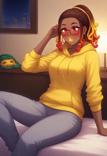 score_9, score_8_up, score_7_up, score_6_up, 1girl, african american woman, amber eyes, dark brown skin, muscular woman, athletic woman, yellow lipstick Jiggawatt, Azarin, gold hoop earrings, gummy worm hair, gradient hair, sugar, multicolored hair, ponytail, 18yr old, blush,
1girl, sweatpants, yellow hoodie, glasses on nightstand, sleeping, night time, indoors, bedroom, lying in bed, sleeping bag, sleeping, schlafsack, snake hair peeking out, lights out