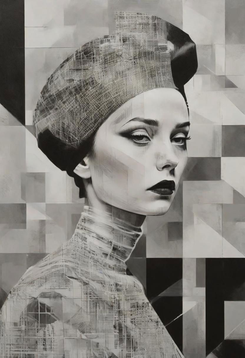 pop surrealism, rough crosshatch drawing pop art Lunatic_Portrait of a girl in latex, slick back, low bun, black makeup, avant-garde, abstract, weird, geometric, constructivism, suprematism, rayonism, verticism, tj
