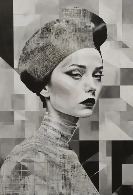 pop surrealism, rough crosshatch drawing pop art Lunatic_Portrait of a girl in latex, slick back, low bun, black makeup, avant-garde, abstract, weird, geometric, constructivism, suprematism, rayonism, verticism, tj