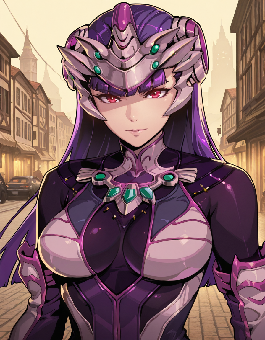 Masterpiece, hires, detailed face and eyes, ultra quality, cel-shaded, sharp lines, dry shading, Beautiful background, far west, houses, street city,   <lora:Wild_Arms_5_Persephone:1> 1girl, persephone, solo, wa5, bodysuit, long hair, purple hair, red eyes, half body, android, helmet