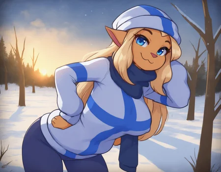 masterpiece, very awa, best quality, newest, absurdres, highres, animification,
detailed background, outdoors, forest, sunrise, winter, snow,
1girl, solo, mimmisuomi,
blonde hair, long hair, sidelocks, large breasts, blue eyes,
standing, sweater, flag print, finnish flag, yoga pants, straight-on, looking at viewer, :3, blue scarf, beanie, hand on own hip, cowboy shot, arms behind back, leaning forward,
<lora:bigusmixv6:1>, <lora:mimmi v3:1>