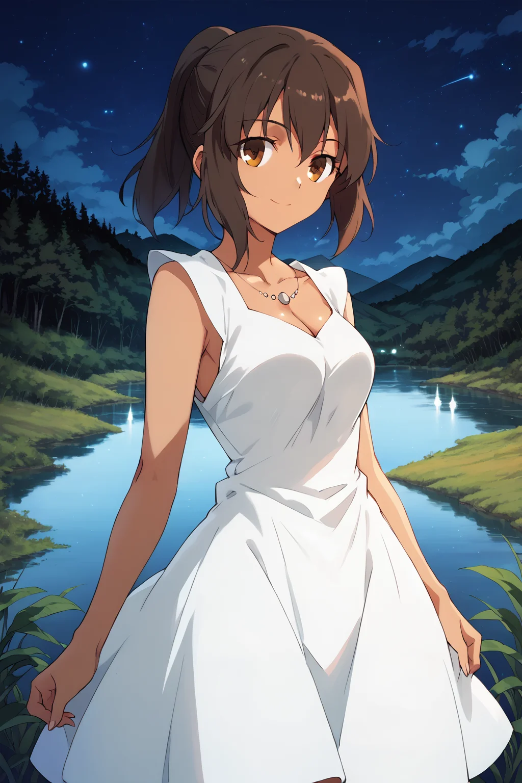score_9, score_8_up, score_7_up, , score_ANIME, ,fateshirley, 1girl, solo, brown hair, short ponytail, brown eyes, white dress, sleeveless, cleavage, cowboy shot, necklace,  dark skin, smile, night sky, lake, green mountain, forest, <lora:shirley_fate_pony:1>looking at viewer,