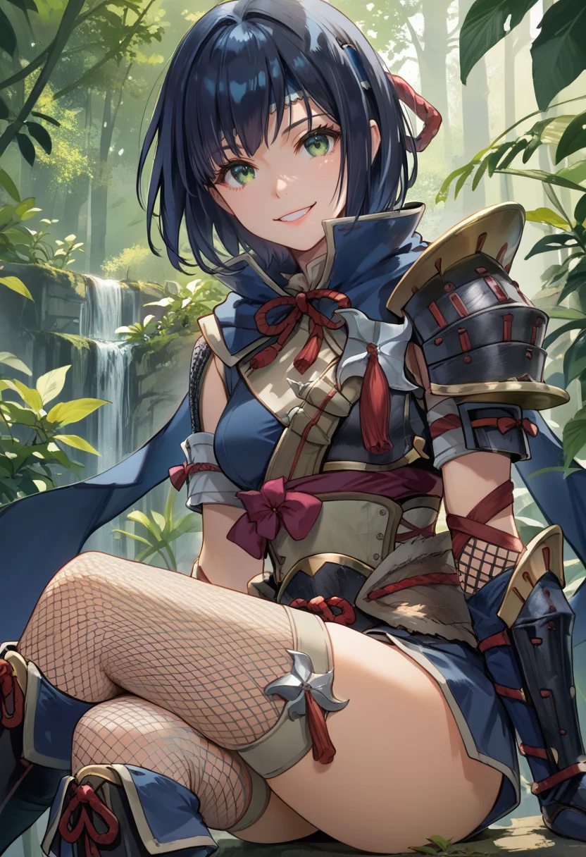 (score_9:0.9),score_8_up,score_7_up,rating_safe,realsitic,(zPDXL),<lora:kamura armor ponyXL v1:0.76>,1girl,solo,blue headband,smile,short hair,sitting,green eyes,blue hair,blue gauntlets,looking at viewer,fishnet thighhighs,black hair,blue scarf,kamura armor,blue knee boots,black shoulder armor,