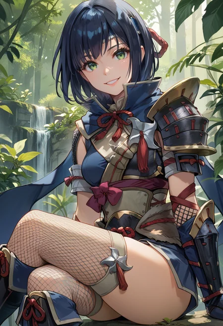 (score_9:0.9),score_8_up,score_7_up,rating_safe,realsitic,(zPDXL),<lora:kamura armor ponyXL v1:0.76>,1girl,solo,blue headband,smile,short hair,sitting,green eyes,blue hair,blue gauntlets,looking at viewer,fishnet thighhighs,black hair,blue scarf,kamura armor,blue knee boots,black shoulder armor,