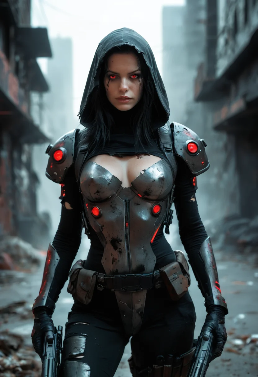 Stable_Yogis_PDXL_Positives
score_9, score_8_up, score_7_up, thick lineart, sharp edges, clear focus, A black and white sketch of an enigmatic woman with red eyes, dressed in dark armor and carrying two machine guns. Her long hair is tied back by a hood that covers her face completely. She stands tall against the backdrop of war-torn urban landscapes, creating a dramatic contrast between light and shadow. The style reflects cyberpunk aesthetics, with bold brush strokes adding intensity to the expressionism in the style of the artist.