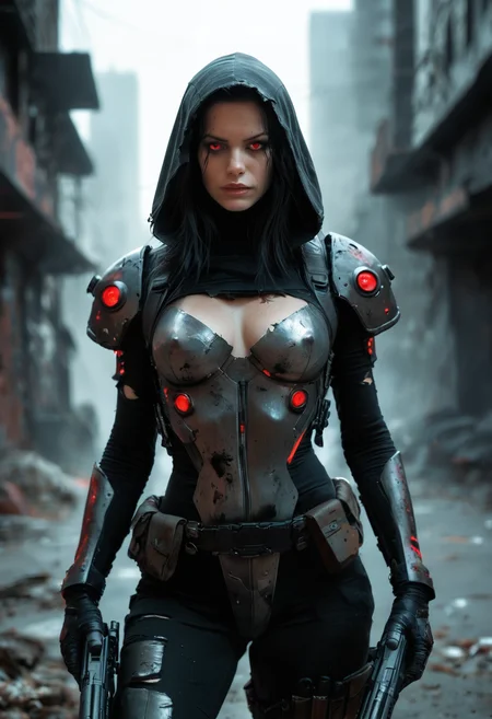Stable_Yogis_PDXL_Positives
score_9, score_8_up, score_7_up, thick lineart, sharp edges, clear focus, A black and white sketch of an enigmatic woman with red eyes, dressed in dark armor and carrying two machine guns. Her long hair is tied back by a hood that covers her face completely. She stands tall against the backdrop of war-torn urban landscapes, creating a dramatic contrast between light and shadow. The style reflects cyberpunk aesthetics, with bold brush strokes adding intensity to the expressionism in the style of the artist.