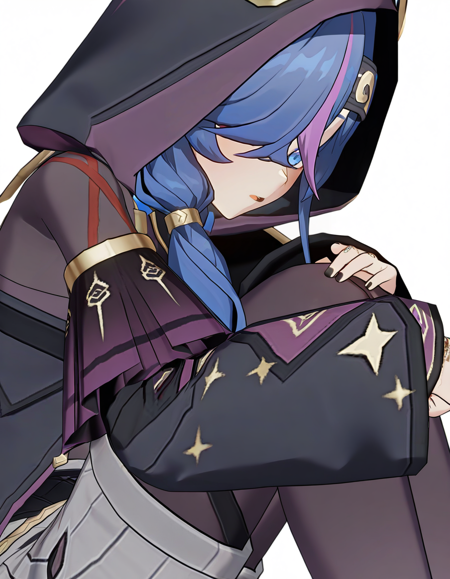 <lora:xingyi_noob:0.9>,xingyi,3dxingyi,1girl,solo,from side,blue hair,white background,multicolored hair,shorts,hood,blue eyes,simple background,streaked hair,hair over one eye,pantyhose,long sleeves,long hair,parted lips,hood up,grey shorts,short shorts,black nails,bangs,purple hair,black pantyhose,
masterpiece,best quality,very aesthetic,absurdres,