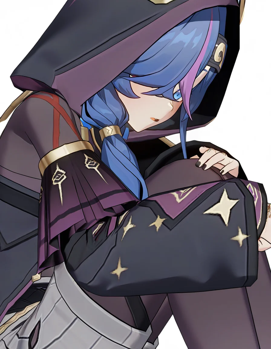 <lora:xingyi_noob:0.9>,xingyi,3dxingyi,1girl,solo,from side,blue hair,white background,multicolored hair,shorts,hood,blue eyes,simple background,streaked hair,hair over one eye,pantyhose,long sleeves,long hair,parted lips,hood up,grey shorts,short shorts,black nails,bangs,purple hair,black pantyhose,
masterpiece,best quality,very aesthetic,absurdres,