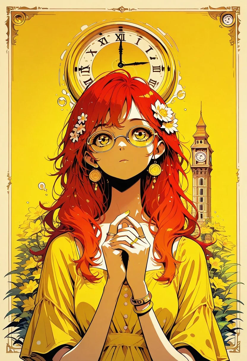 masterpiece, high quality, highres, flat colors, gradient, retro colors, sketch, ink splash, rings, abstract, dynamic angle, cinematic, detailed_hands, elegant_fingers, beautiful_feet, yellow theme
1girl, pin up, red hair, long hair, glasses, flower in hair
summer dress, polka dot, decorated, bracelets,
tower, clocktower, clock, clock face
closeup, closeup to face, portrait, outside border