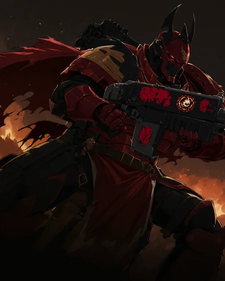 gothic architecture,  background, extremely detailed, absurdres, masterpiece, cel shading,
BREAK
Anime Illustration, full body, Space Marine, word bearers  legion, portrait, charging forward,  . He is holding aiming, a bltgun bolter weapon.  He is wearing a dark_red  helmet, intricate dark_red   armor, steel-colored trimmings, cross detailing, tabard, torn cape, dark_red  gauntlets, black fur, dark_red  plate armor, dark_red  full armor, panoply,
<lora:Astartes:0.8>  <lora:Bad_Hands_lora:0.8>  <lora:Bolter_-_Warhammer_40000_SDXL:1>  <lora:add-detail-xl:1> <lora:sinfully_stylish_SDKL:1> <lora:Expressive_H:1>