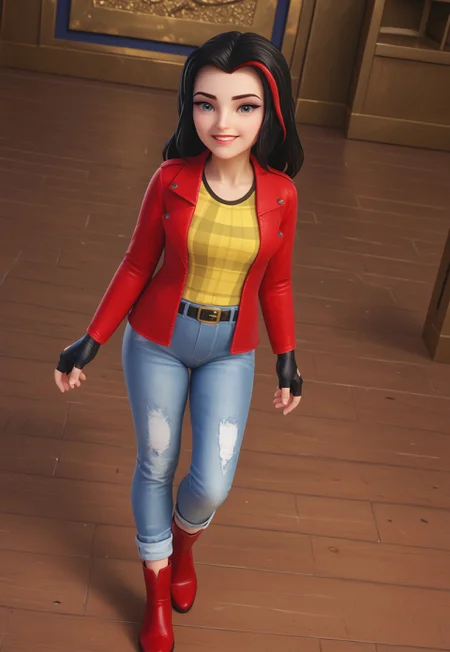 safe_pos, (zPDXL3) source_cartoon, solo, 1girl, full body, vicky_legofriends, black hair, streaked hair, jeans, fingerless gloves, red jacket, yellow shirt, boots, belt, indoors, art gallery, sexy, dynamic angle, looking at viewer, smiling,