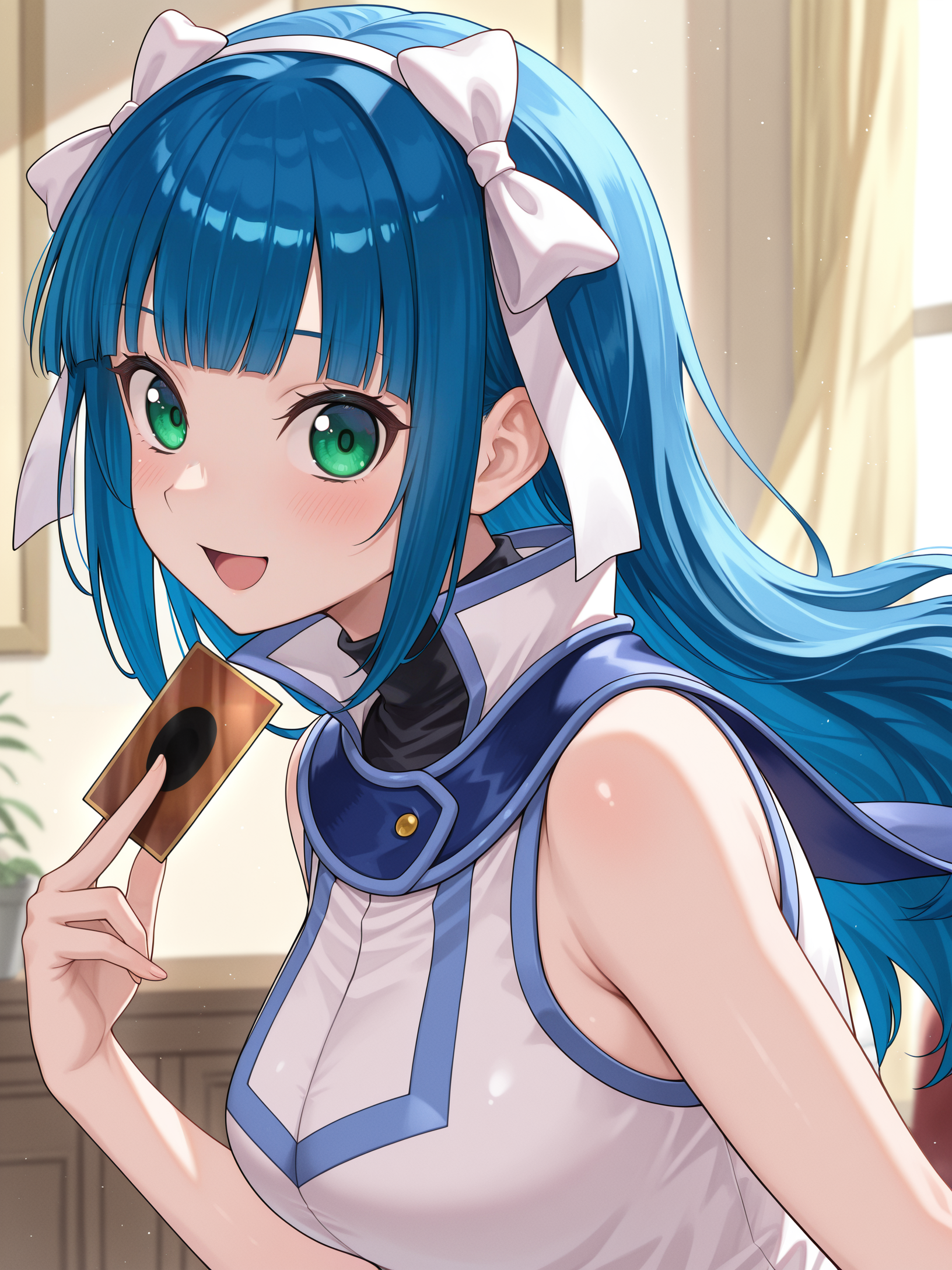 yukiko umino,1girl,solo,card \(yu-gi-oh!\),card between fingers,smile,open mouth,from side,upper body,:d,looking at viewer,blush,official alternate costume,duel academy uniform \(yu-gi-oh! gx\),white sleeveless shirt,black bodysuit,white hair ribbon,
masterpiece,best quality,amazing quality,very aesthetic,absurdres,newest,<lora:Yukiko Umino & Mei Kitaki & XXXX  5 in 1 illusXL v1:0.72>,
