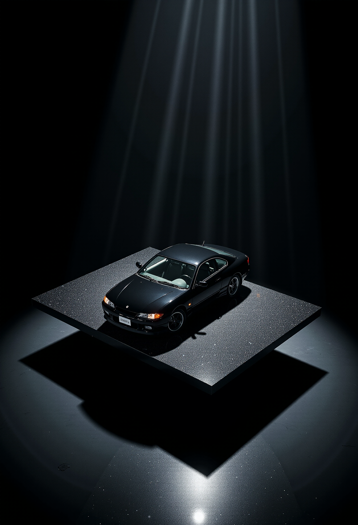 <lora:Nissan_Silvia_S15:0.8> Nissan Silvia S15
Elevated within a jet-black void, the Nissan Silvia S15 is positioned on a suspended high-gloss acrylic slab that floats above a reflective abyss. Surrounding the installation, pinpoint LED spotlights cast precise radial beams that slice through faint dust in the air, forming a constellation around the car. Viewed from a high isometric angle, the composition reveals the full layout of the installation and the dramatic symmetry between car and shadows. The S15âs gloss finish glistens like obsidian under the crisp light, and its signature silhouette gleams with sculptural authority. The tone is futuristic and cinematic, designed like a luxury art exhibit where darkness defines form through contrast and restraint.  A mirror-like, high gloss finish of the car produces sparkling, bright glints of light across its surface.