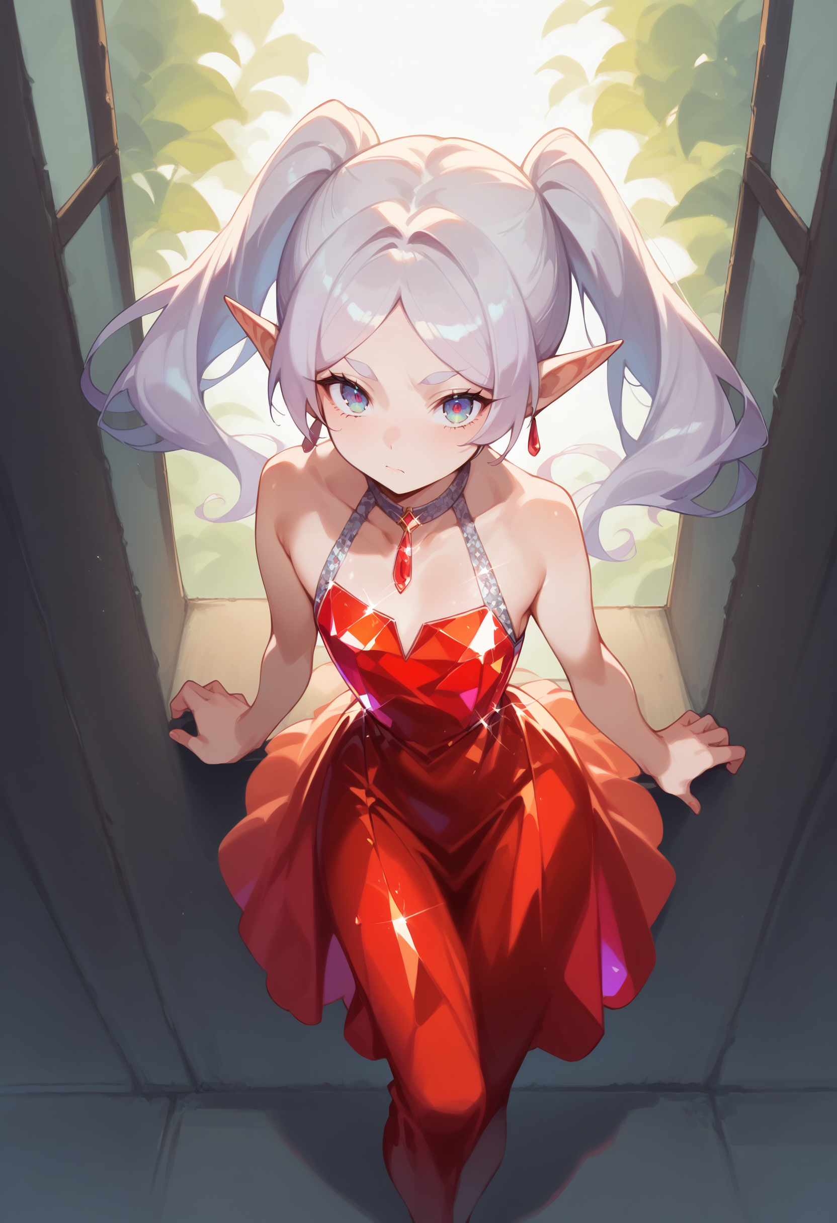 score_9, score_8_up, score_7_up, score_6_up, source anime,
nereirfpnxl, frieren, pointy ears, elf, red earrings, twintails,
crystalline dress, bare shoulders, looking at viewer, from above, hip vent,
volumetric lighting, low key, high contrast, dark room, furniture, indoors, vivid color, window,
masterpeice, best quality, very aesthetic, absurdres
<lora:frieren_nereirfpnxl_pony_v2:0.8>
 <lora:crystalline_dress-PD-1.0:1>