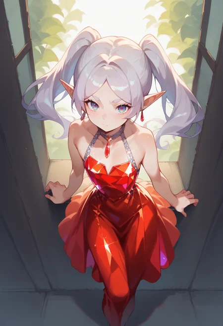 score_9, score_8_up, score_7_up, score_6_up, source anime,
nereirfpnxl, frieren, pointy ears, elf, red earrings, twintails,
crystalline dress, bare shoulders, looking at viewer, from above, hip vent,
volumetric lighting, low key, high contrast, dark room, furniture, indoors, vivid color, window,
masterpeice, best quality, very aesthetic, absurdres
<lora:frieren_nereirfpnxl_pony_v2:0.8>
<lora:crystalline_dress-PD-1.0:1>