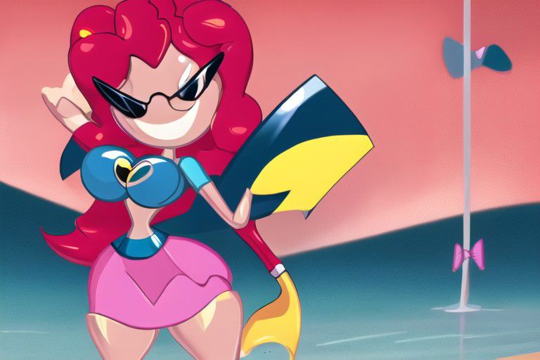 mlppinkiepie, shirt, skirt, sunnymiamitf, huge breasts, narrow waist, wide hips, Sunglasses, teeth, sunnification