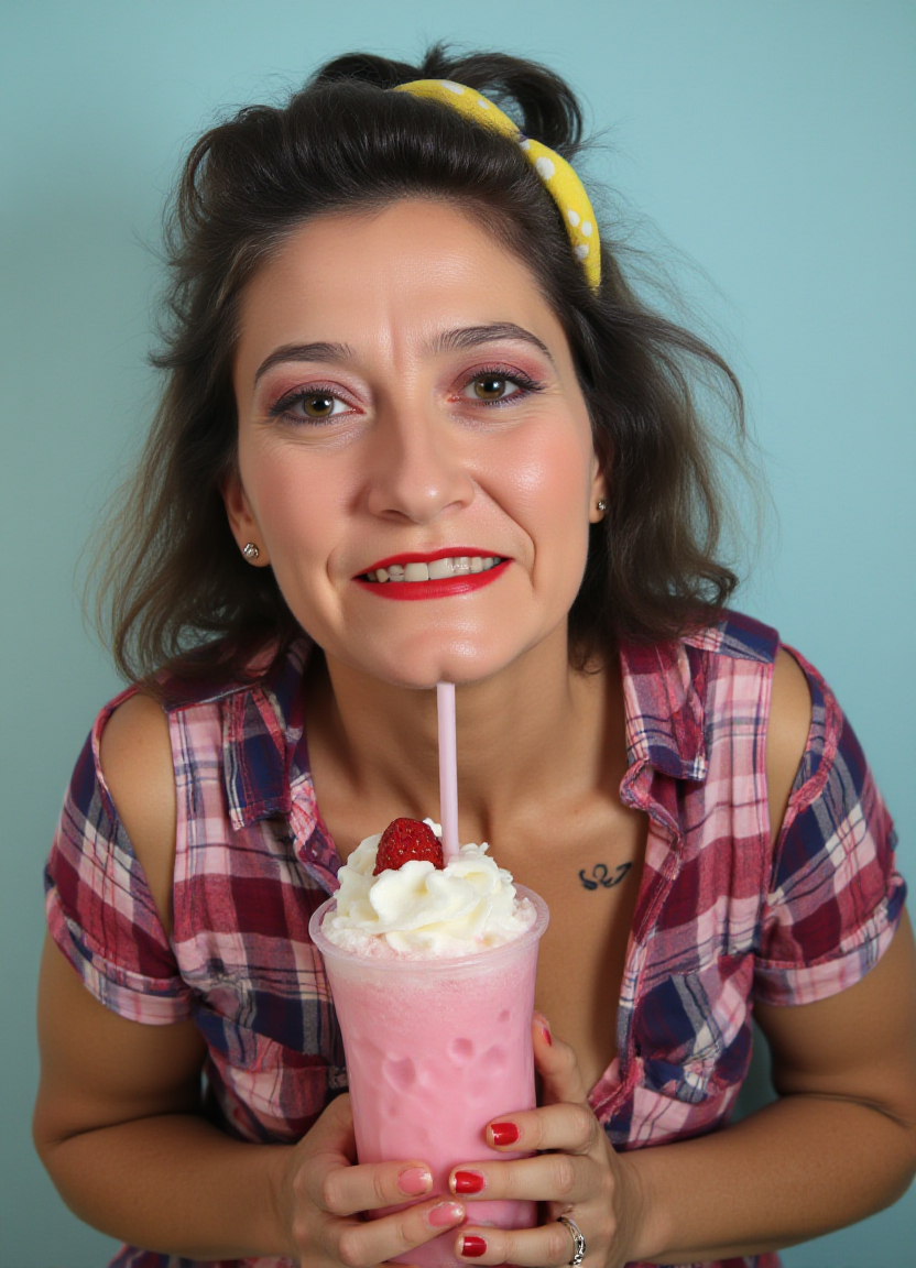 SFW, The image is a portrait of a woman with dark hair styled in a pin-up style. She is wearing a red and blue plaid shirt with a yellow polka dot headband. She has a tattoo on her chest and is holding a pink milkshake with whipped cream and a strawberry on top. The woman is also wearing red lipstick. The background is a light blue color. The overall mood of the image is vintage and edgy., aidmaimageupgrader<lora:flux\custom\adult\amber-conners.safetensors:1.0:1.0> <lora:turbo-8-step-flux.safetensors:0.5:0.5> <lora:flux\style\Common\aidmaImageUprader-FLUX-v0.3.safetensors:0.25:0.25>