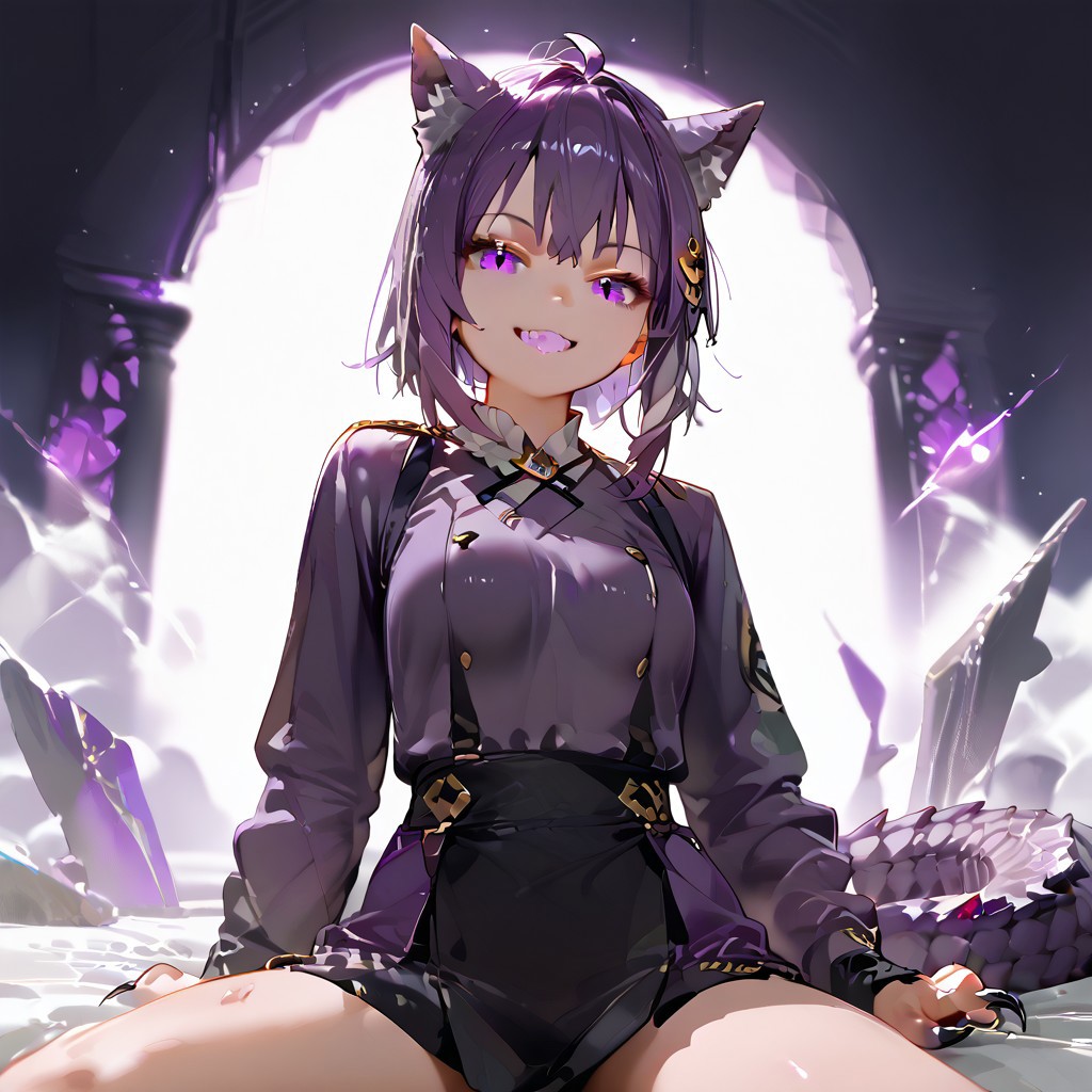 score_9_up, score_8_up, score_7_up, best quality, high quality, masterpiece, extremely detailed character, detailed eyes, beautiful face, source anime, 
<lora:nekomata_okayu_sdxl_pony:1>
okayu, ahoge, cat tail, shiny purple hair, slender, 
1girl, sitting, soft smile, Obsidra, dragon girl, purple hair, purple scales, claws,
