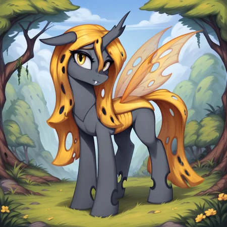 masterpiece, score_9_up, score_8_up, score_7_up, score_6_up, (best quality:1.1), ultra-detailed, high resolution, 1character, Oiren, changeling queen oc, mlp, feral, black skin, (long yellow membrane mane), (((beautiful detailed yellow eyes))), long eyelashes, eyebrows, ears, yellow Insect wings, closed mouth, fang out, single horn, detailed facial features, full body, expressiveh, highly visible, sharp focus, anatomically correct, detailed background, outside, outdoors, forest in the background