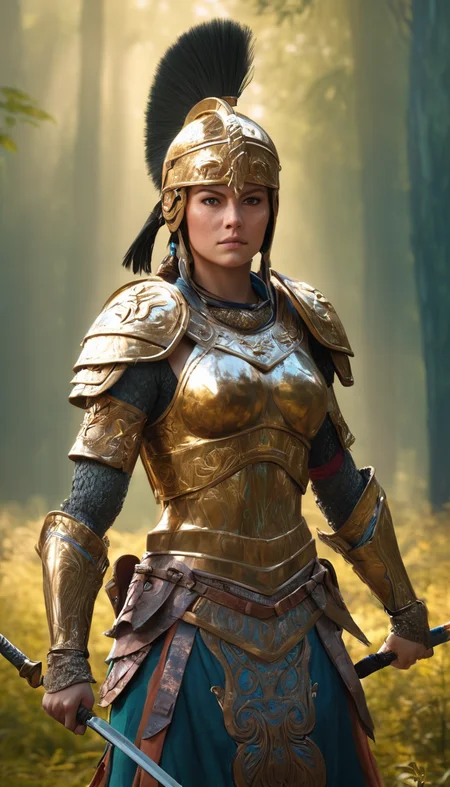 Cinematic scene, portrait of a female warrior, nature, detailed background, masterpiece, best quality, high quality, absurdres, colorful, vivid, 3d <lora:3d_xl_v3:1>