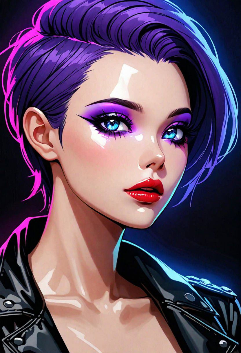 neo noir style portrait of a beautiful woman painted on wall with light, stunning beauty, soft light, pastel colors ,black and purple hair, dark punk, heavy makeup, line art, postmodernism, neo noir,   simple background, glowing lips, lips closed, light smile, masterpiece, natural style,  braided mohawk,, realistic and detailed eyes, beautiful eyes, amazing eyes,kawaii makeup dark makeup, nerd, red glowing lips, bangs,
