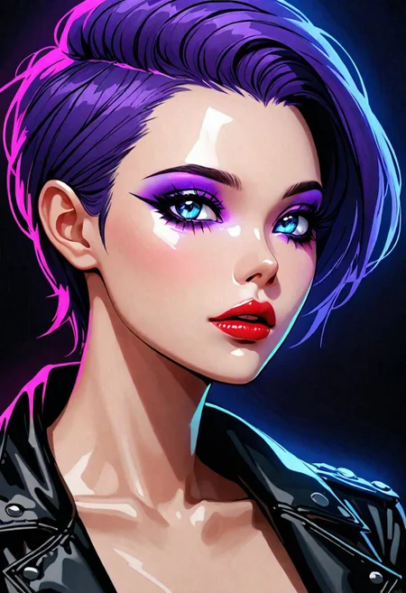 neo noir style portrait of a beautiful woman painted on wall with light, stunning beauty, soft light, pastel colors ,black and purple hair, dark punk, heavy makeup, line art, postmodernism, neo noir, simple background, glowing lips, lips closed, light smile, masterpiece, natural style, braided mohawk,, realistic and detailed eyes, beautiful eyes, amazing eyes,kawaii makeup dark makeup, nerd, red glowing lips, bangs,