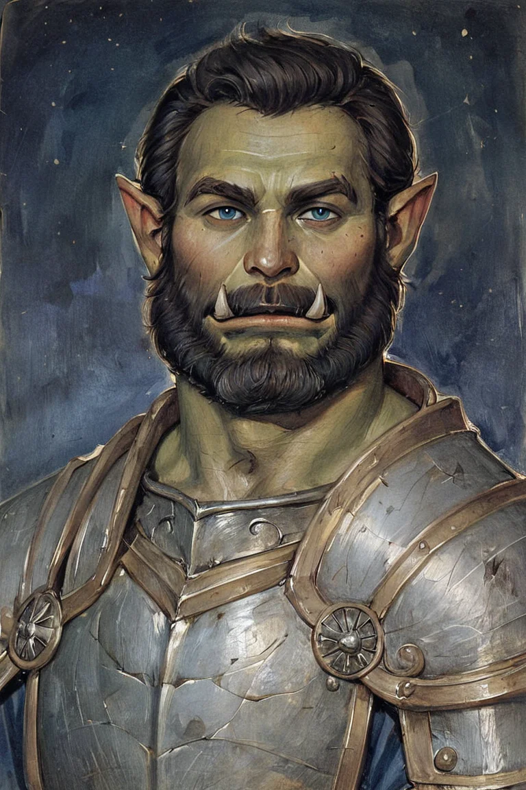 score_9, score_8_up, score_7_up, rating_safe, gothic art, oil painting, traditional media, realistic, 1boy, solo, male focus, mature male, orc, green skin, tusks, blue eyes, short hair, black hair, facial hair, beard, mustache, looking at viewer, armor, shoulder armor, breastplate, pauldrons, upper body, closed mouth, standing, outdoors, night, night sky, dark background <lora:Gothic Art 2 Style SDXL_LoRA_Pony Diffusion V6 XL:0.7>