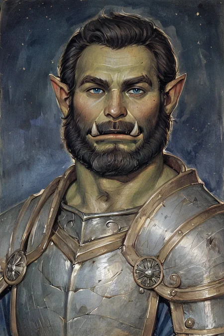 score_9, score_8_up, score_7_up, rating_safe, gothic art, oil painting, traditional media, realistic, 1boy, solo, male focus, mature male, orc, green skin, tusks, blue eyes, short hair, black hair, facial hair, beard, mustache, looking at viewer, armor, shoulder armor, breastplate, pauldrons, upper body, closed mouth, standing, outdoors, night, night sky, dark background <lora:Gothic Art 2 Style SDXL_LoRA_Pony Diffusion V6 XL:0.7>