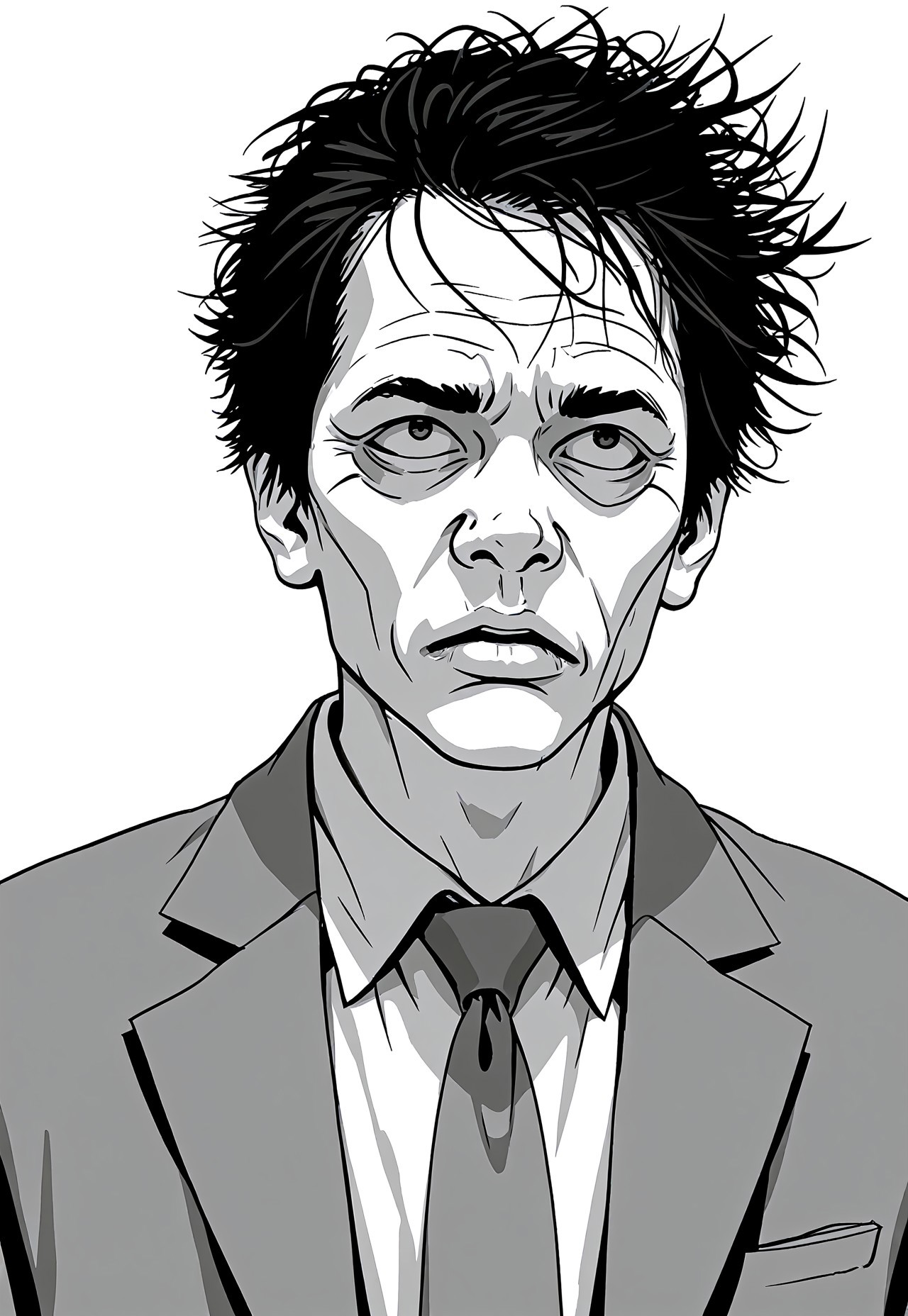 masterpiece, best quality, 1nkPnk, monochrome, 1boy, solo, male focus, greyscale, necktie, formal, suit, simple background, white background, shirt, rough sketch, messy, comic art style, ink splatter