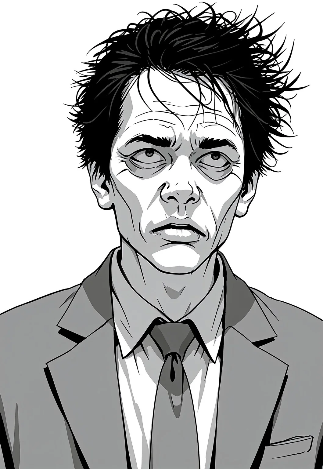 masterpiece, best quality, 1nkPnk, monochrome, 1boy, solo, male focus, greyscale, necktie, formal, suit, simple background, white background, shirt, rough sketch, messy, comic art style, ink splatter